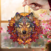 Wolf Autumn Leaves Acrylic Suncatcher, Stained Glass Style Wolf Head with Fall Maple Leaves, Rustic Wildlife Window Hanging Home Decor